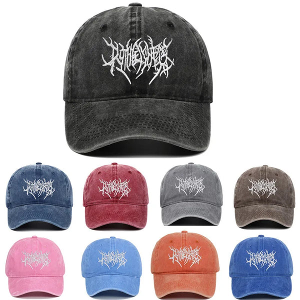 A collection of baseball caps featuring embroidered rock-style graphics in various colors including black, blue, red, gray, a