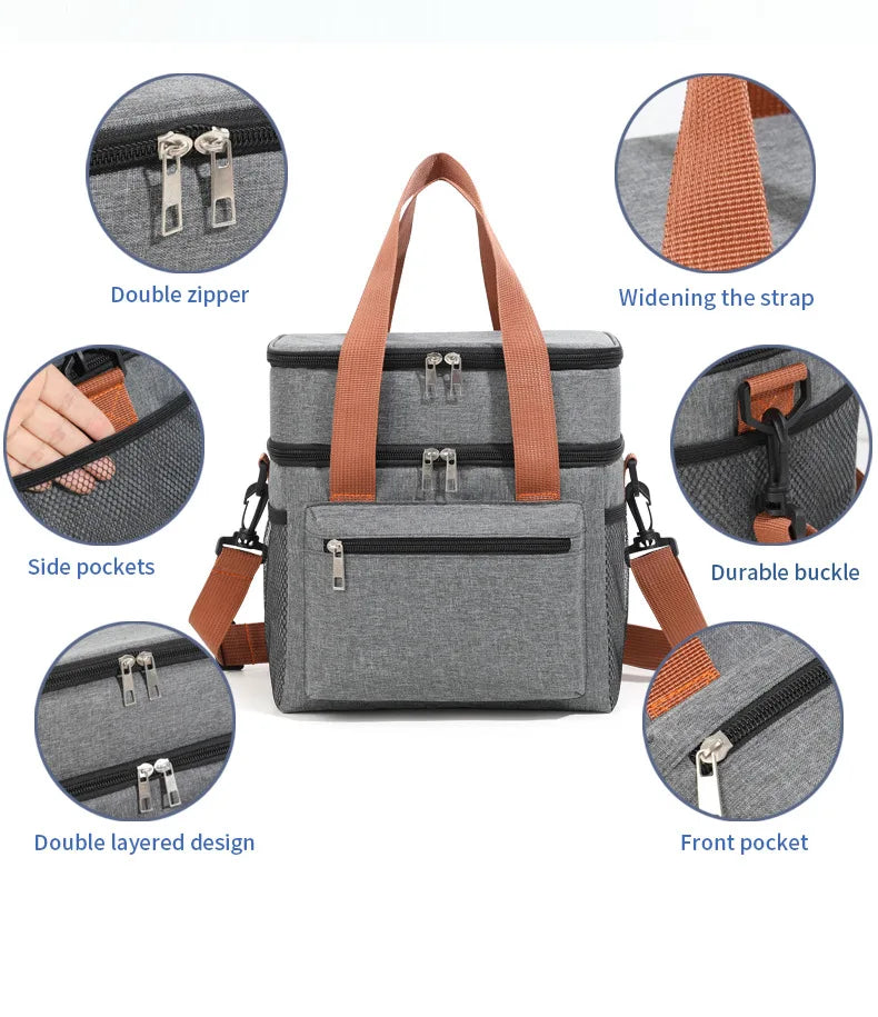 Insulated Double-Layer Lunch Tote with Shoulder Strap