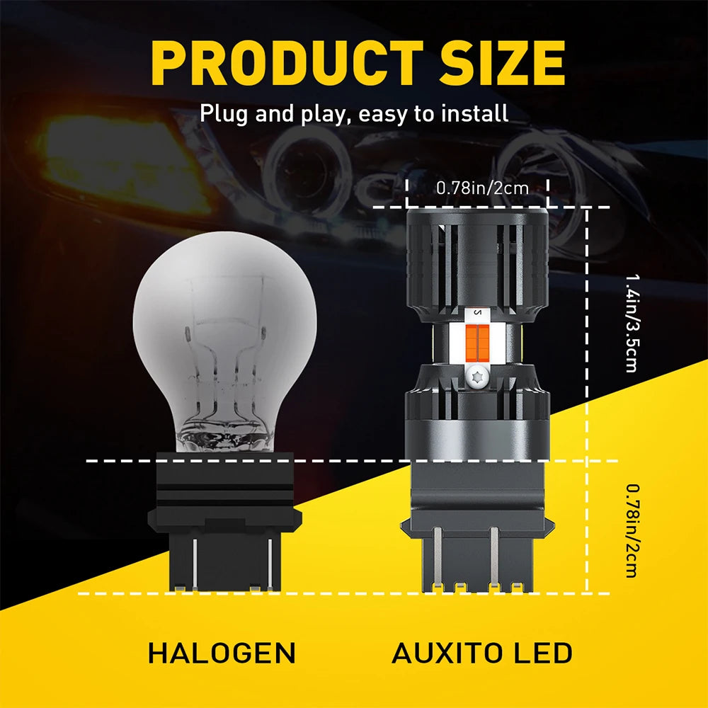 Comparaison d'une ampoule halogène et d'une ampoule LED Auxito pour les clignotants de voiture.
