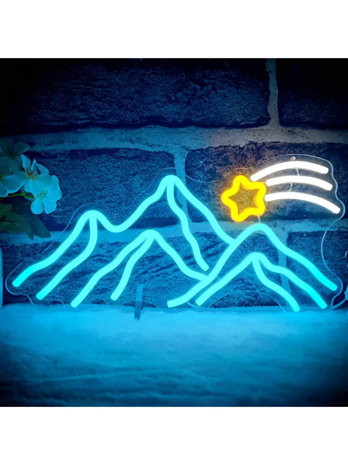 Blue neon sign depicting a mountain landscape with a star and stripes design.