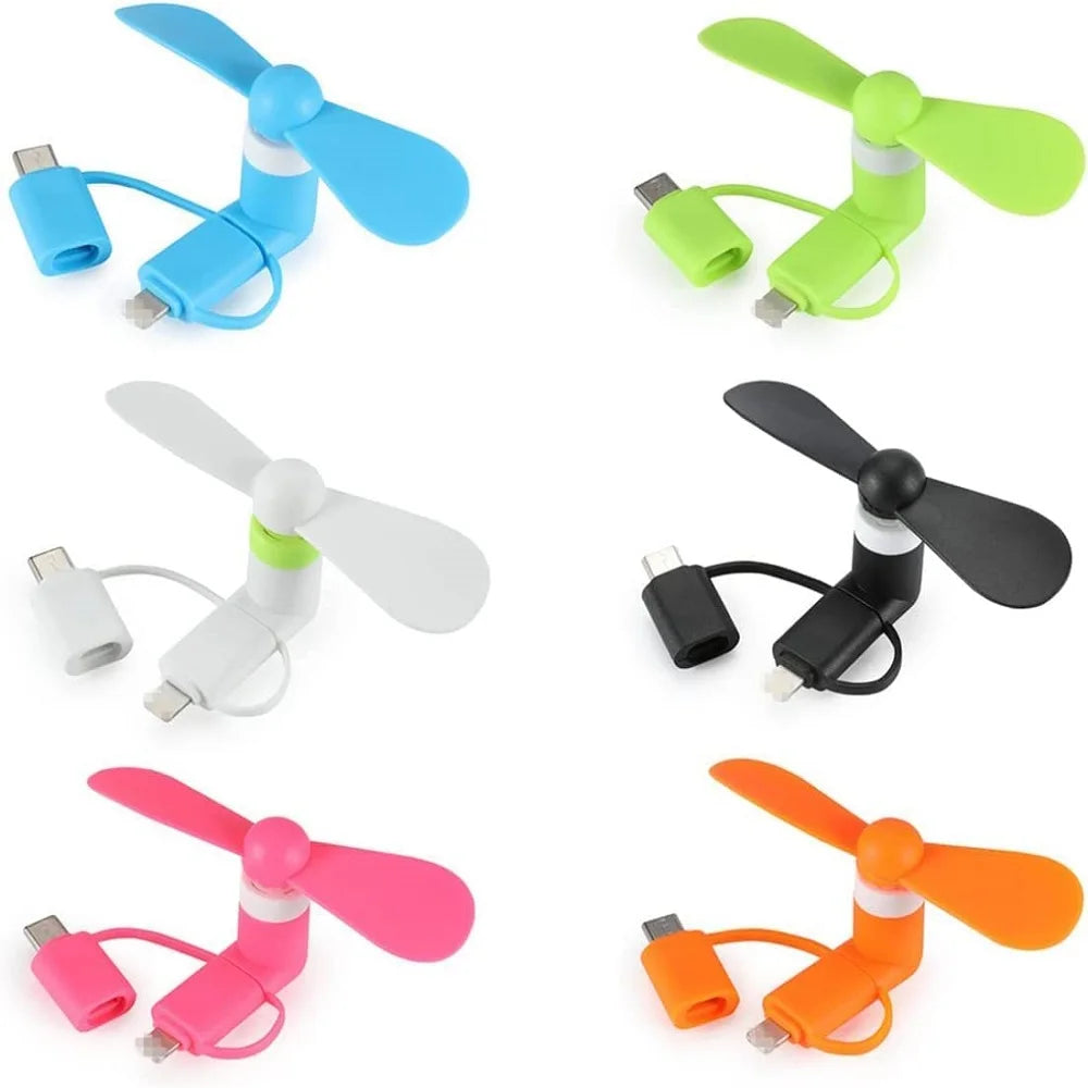 A collection of various portable clip-on phone cooling fans in blue, green, and pink colors.