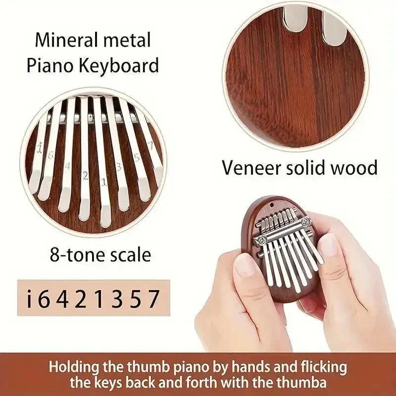A close-up of an 8-tone scale mineral metal piano keyboard with wooden veneer and a hand playing the keys.
