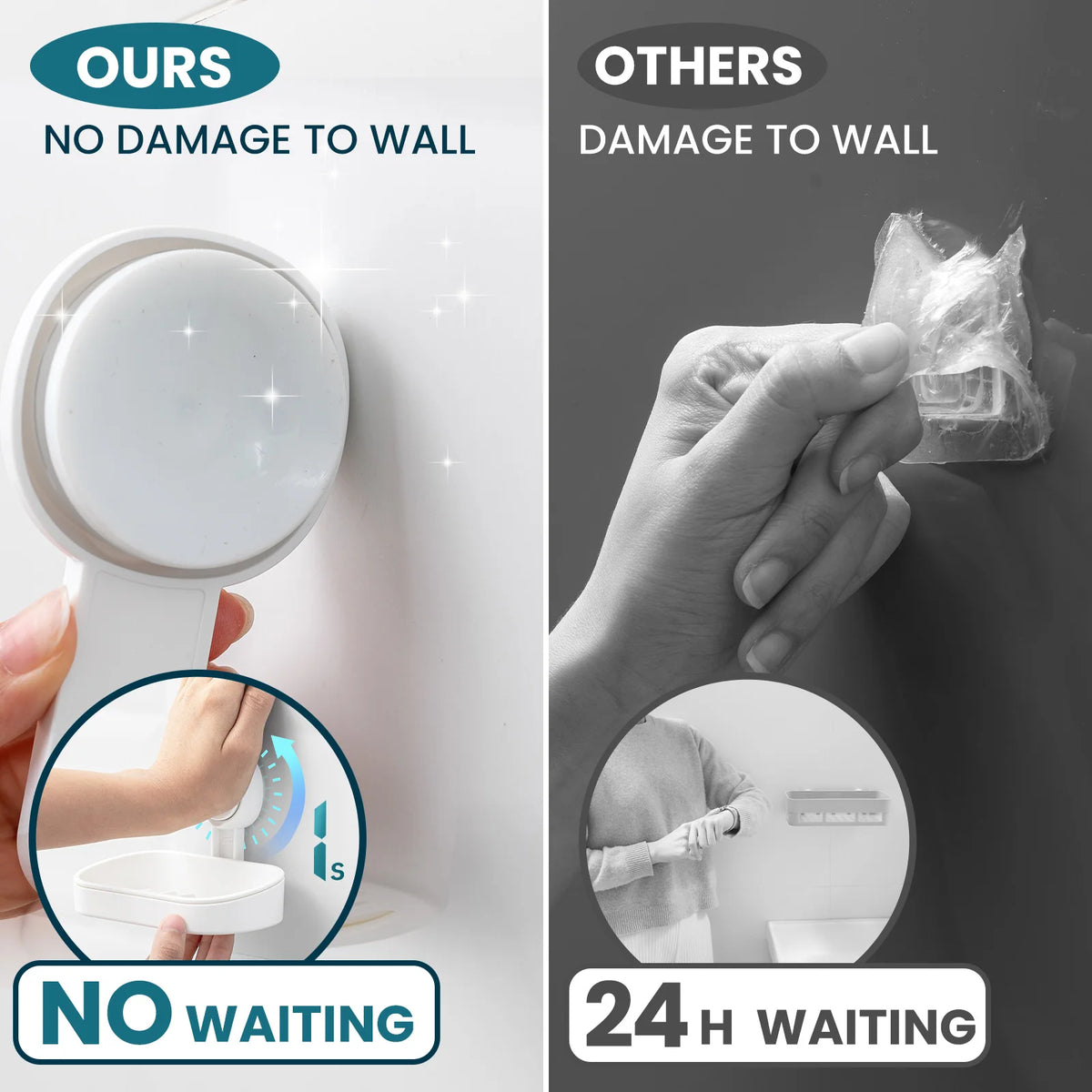 Comparison showing a suction cup soap dish holder with a removable tray offering no damage to the wall and no waiting compare