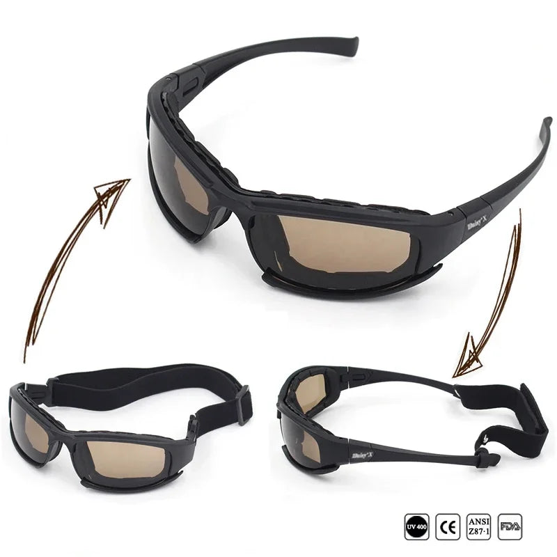 Gafas tácticas polarizadas negras mostradas en varias vistas con lentes intercambiables.