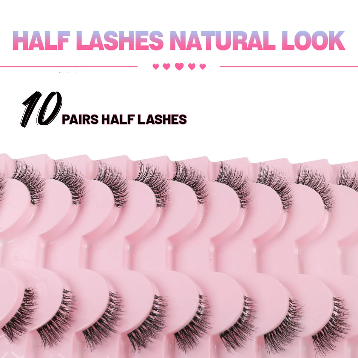 Présentation de dix paires de faux cils naturels roses emballées.