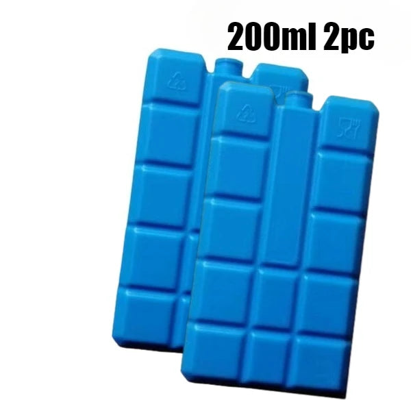 Two blue reusable gel ice blocks for coolers, stackable and leak-proof.