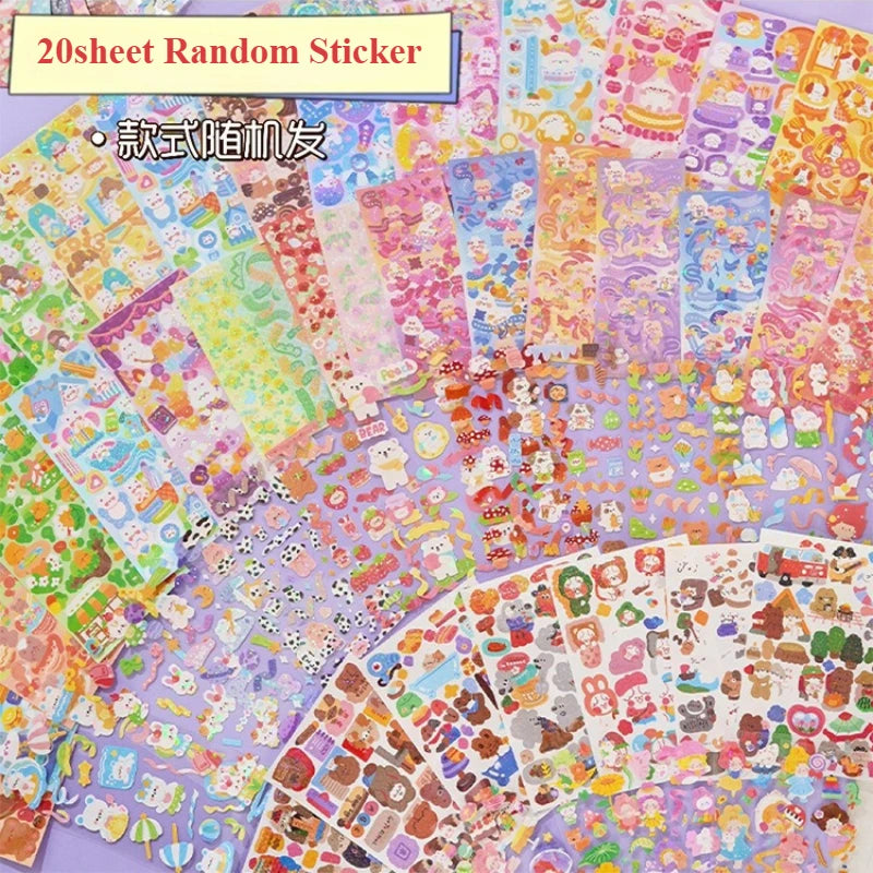 Buntes Set aus 20 zufälligen Aufklebern mit Kawaii-Cartoon-Tieren und Figuren.
