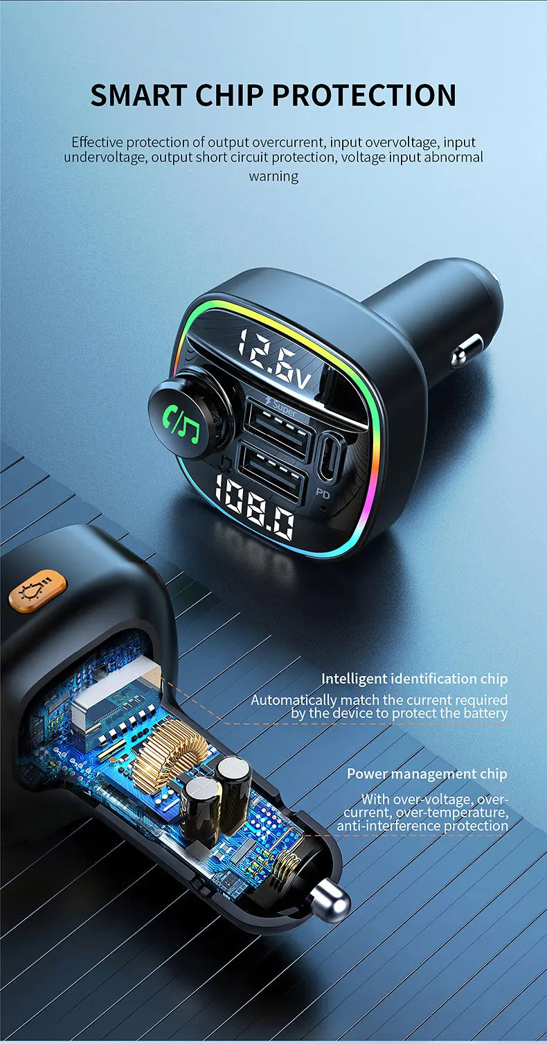 Bluetooth FM Transmitter with 22.5W Fast Charging Car Adapter
