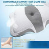 A white memory foam pillow is shown with a close-up view highlighting its shape and texture for comfortable neck and shoulder
