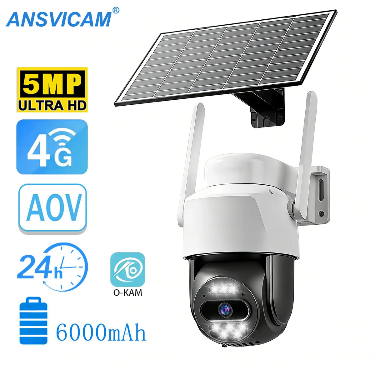 White solar security camera with a solar panel and various technical specifications displayed.