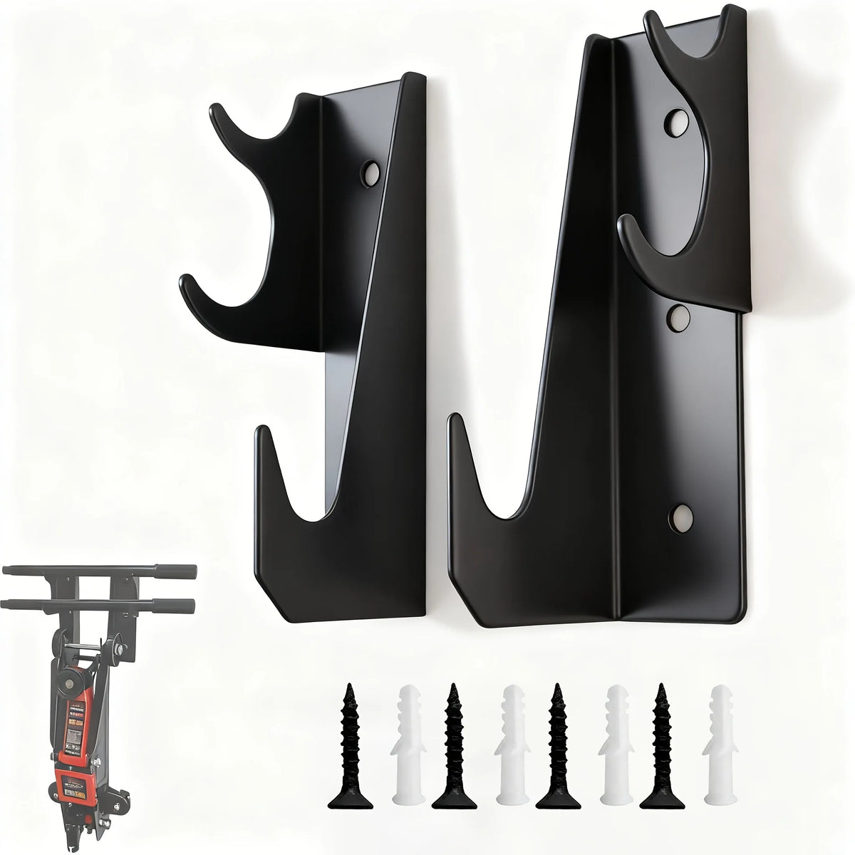A pair of black heavy-duty floor jack stands with wall mount racks and various sized metal and plastic feet.