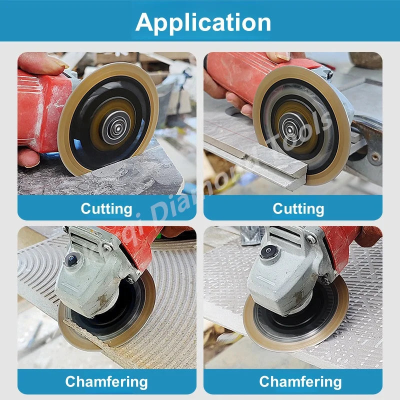 Images showing the application of a turbo diamond saw blade for cutting and chamfering materials like tile and marble.
