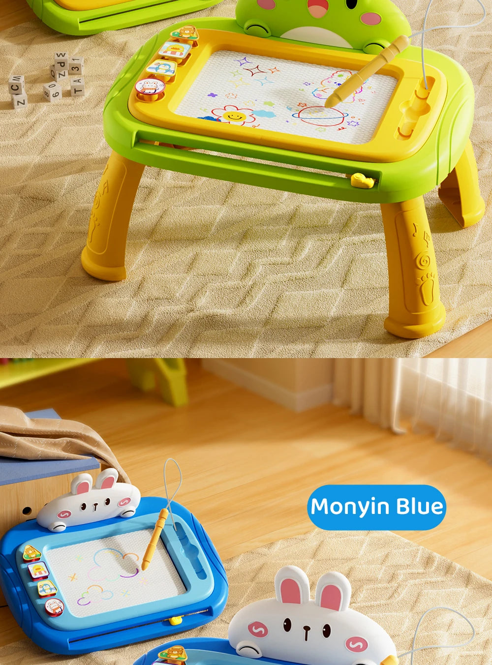 Grünes magnetisches Skizzen-Malbrett für Kinder mit bunten Formen und Werkzeugen auf einer hellbraunen Oberfläche.