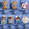 A collection of nurse-themed retractable badge holders featuring cute animal and child characters.