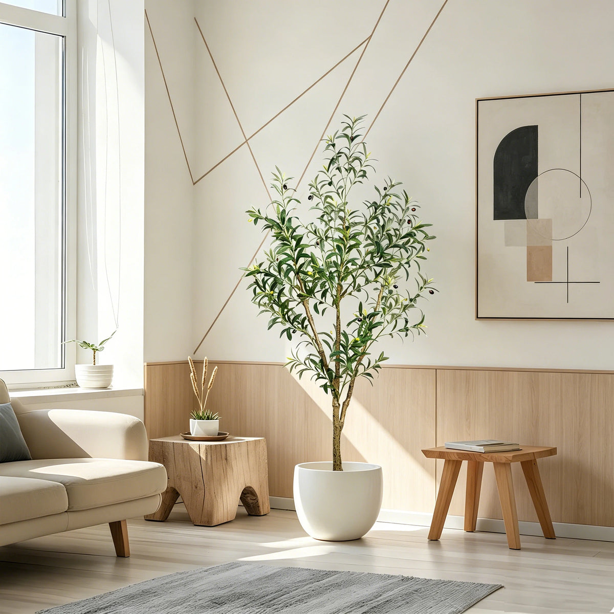 Lifelike Artificial Olive Tree in Black Pot with Natural Wood Trunk