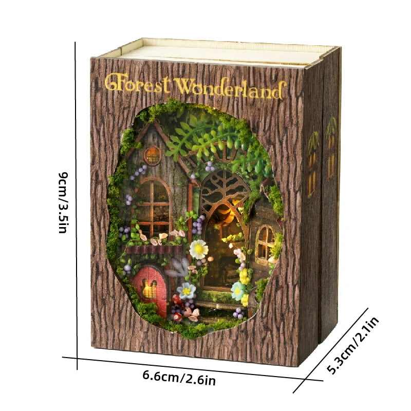 A wooden dollhouse miniature assembly kit with LED lighting displayed in a box.