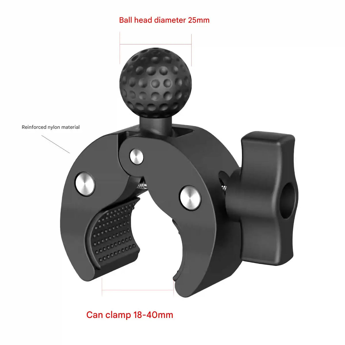 Black ball head clamp mount for action cameras, featuring a 25mm ball head and a 18-40mm clamp.