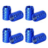 A set of four blue knurled aluminum tire valve caps shown in various angles.
