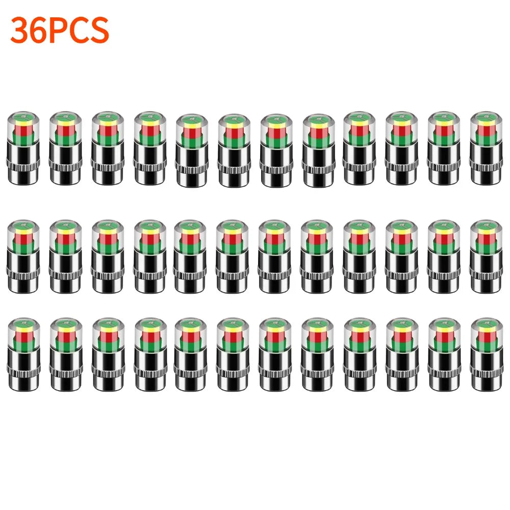 A set of 36 color-coded tire pressure indicator valve caps arranged in a grid.