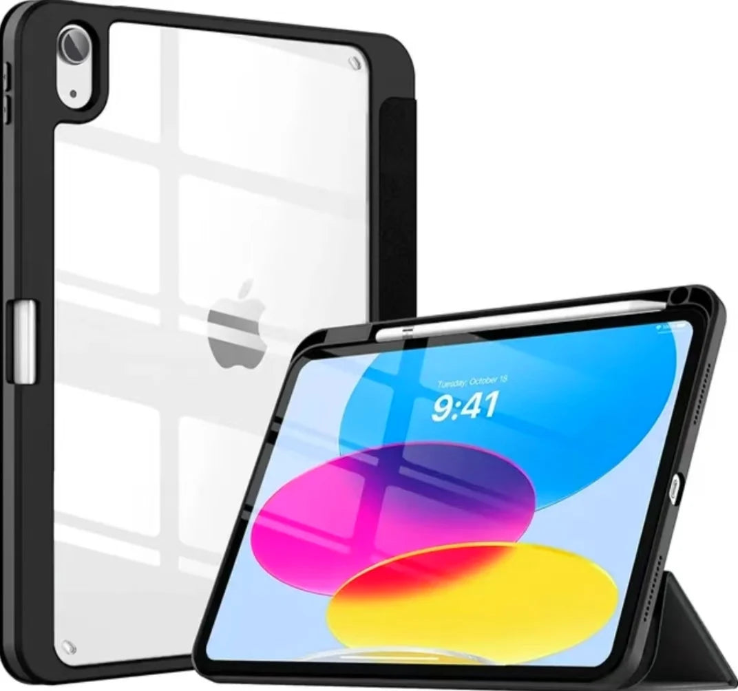 A black slim tri-fold stand case for an iPad showing a screen with a colorful interface.