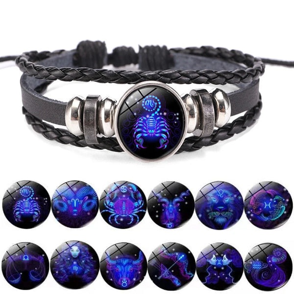A black braided wrap bracelet featuring various zodiac sign charms with iridescent and glowing blue patterns.
