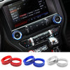 Set of aluminum knob trim covers in red, blue, and silver for Ford Mustang 2015-2020