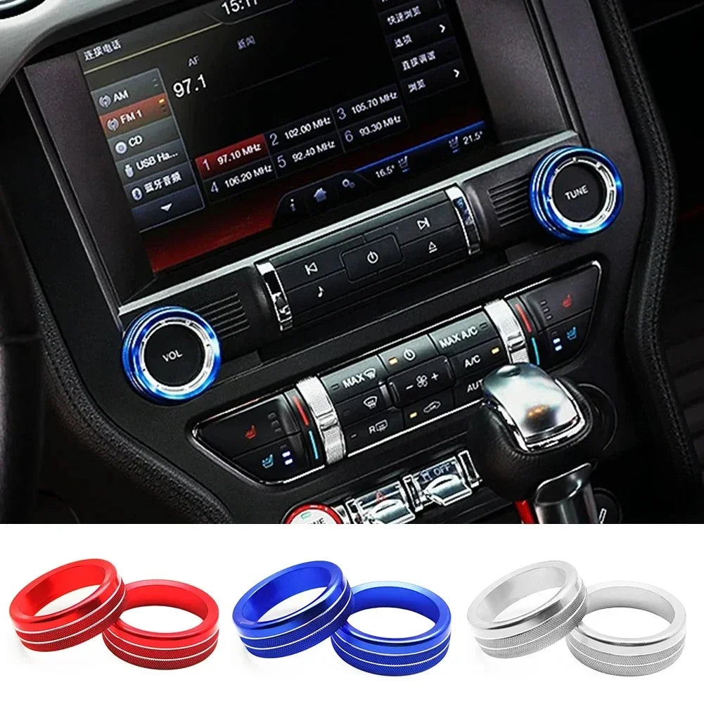 Set of aluminum knob trim covers in red, blue, and silver for Ford Mustang 2015-2020