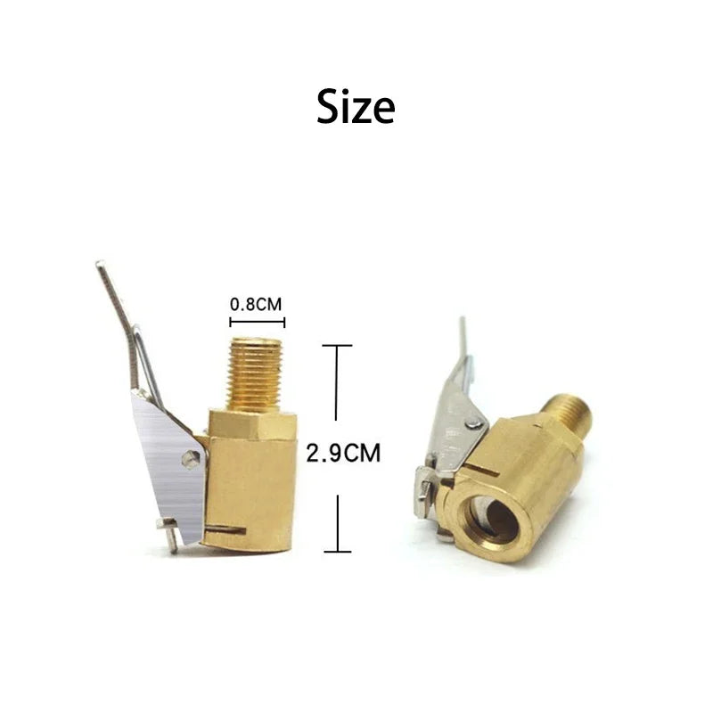 Brass tire inflator chuck with quick-connect clip showing dimensions of 0.8cm and 2.9cm