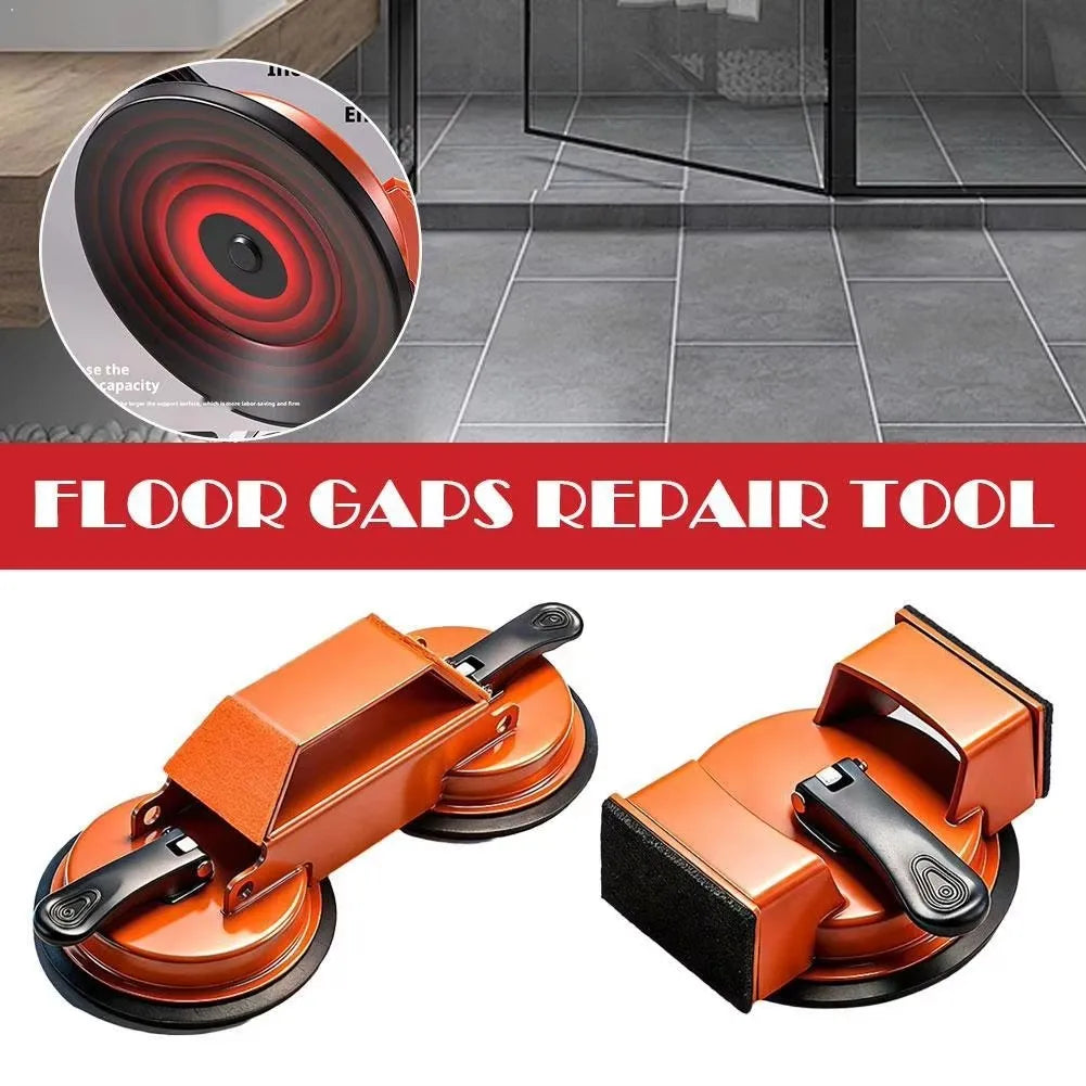 An orange floor gap repair tool with a suction cup is shown, featuring a flat, round base and a handle.
