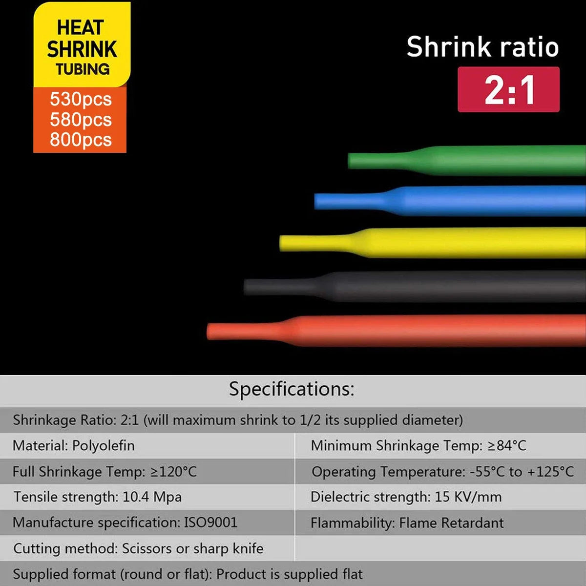 Assortment kit of heat shrink tubing with various diameters and a 2:1 shrink ratio.