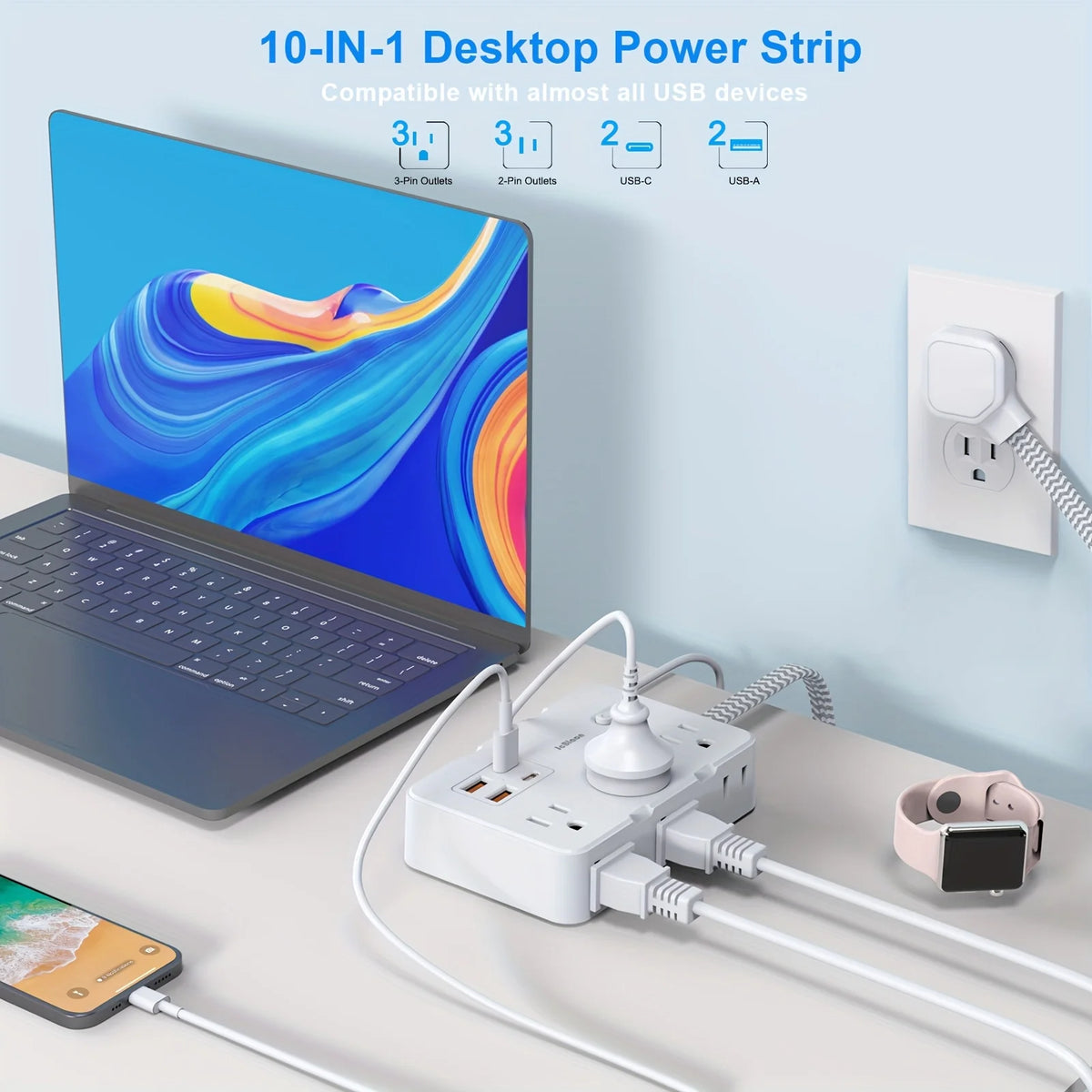 A white 6-outlet surge protector power strip with multiple USB ports is shown next to a laptop and a smartphone.