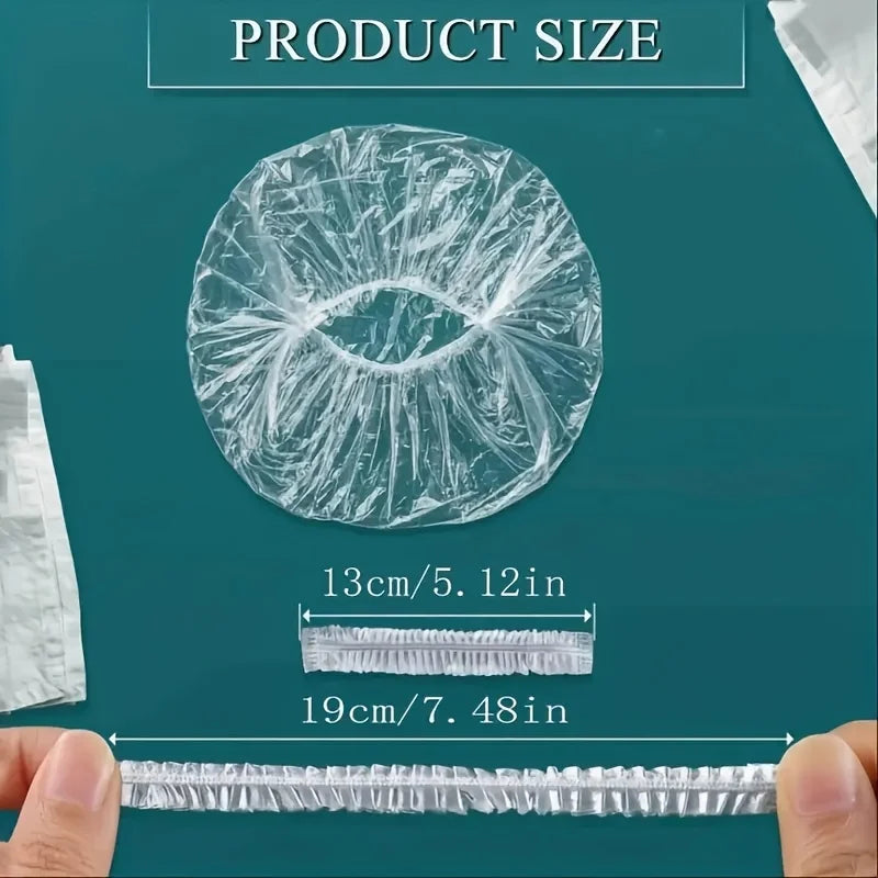 A clear plastic disposable shower cap is shown in various sizes, including a circular cap and a strip.