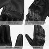 Close-up views of black leather motorcycle gloves highlighting anti-friction, protective shell, touchscreen design, and ergon