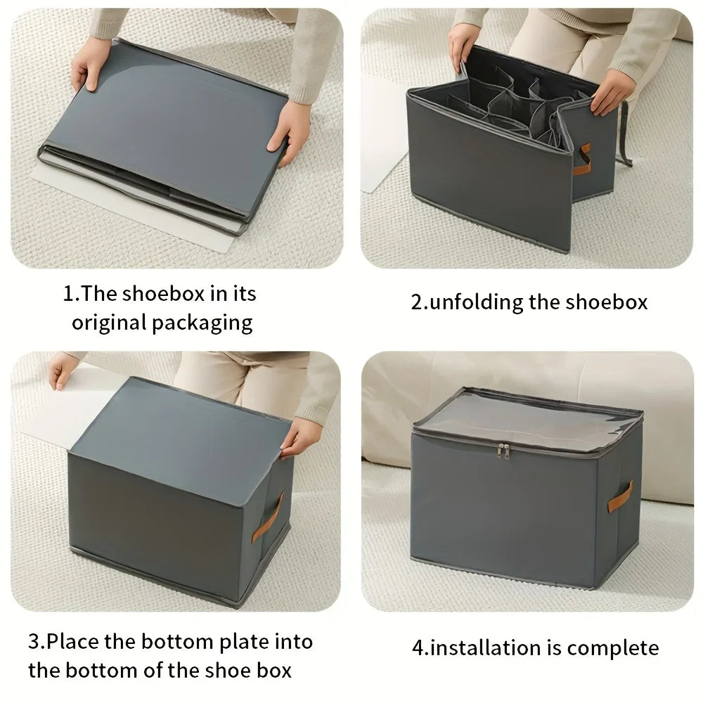 Step-by-step guide showing how to unfold and install a foldable oxford fabric shoe box organizer.