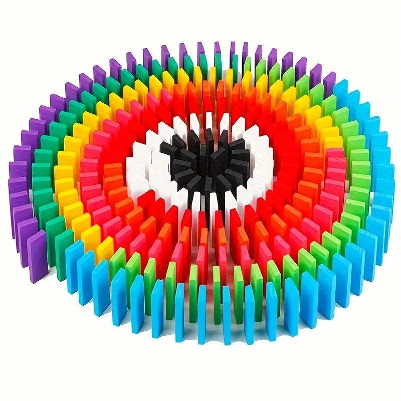 A circular arrangement of 120 multicolor wooden domino building blocks in various colors radiating from the center.