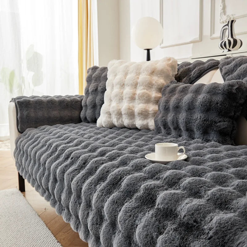 Plush Rabbit-Feel Sofa Cover with Anti-Slip Backing