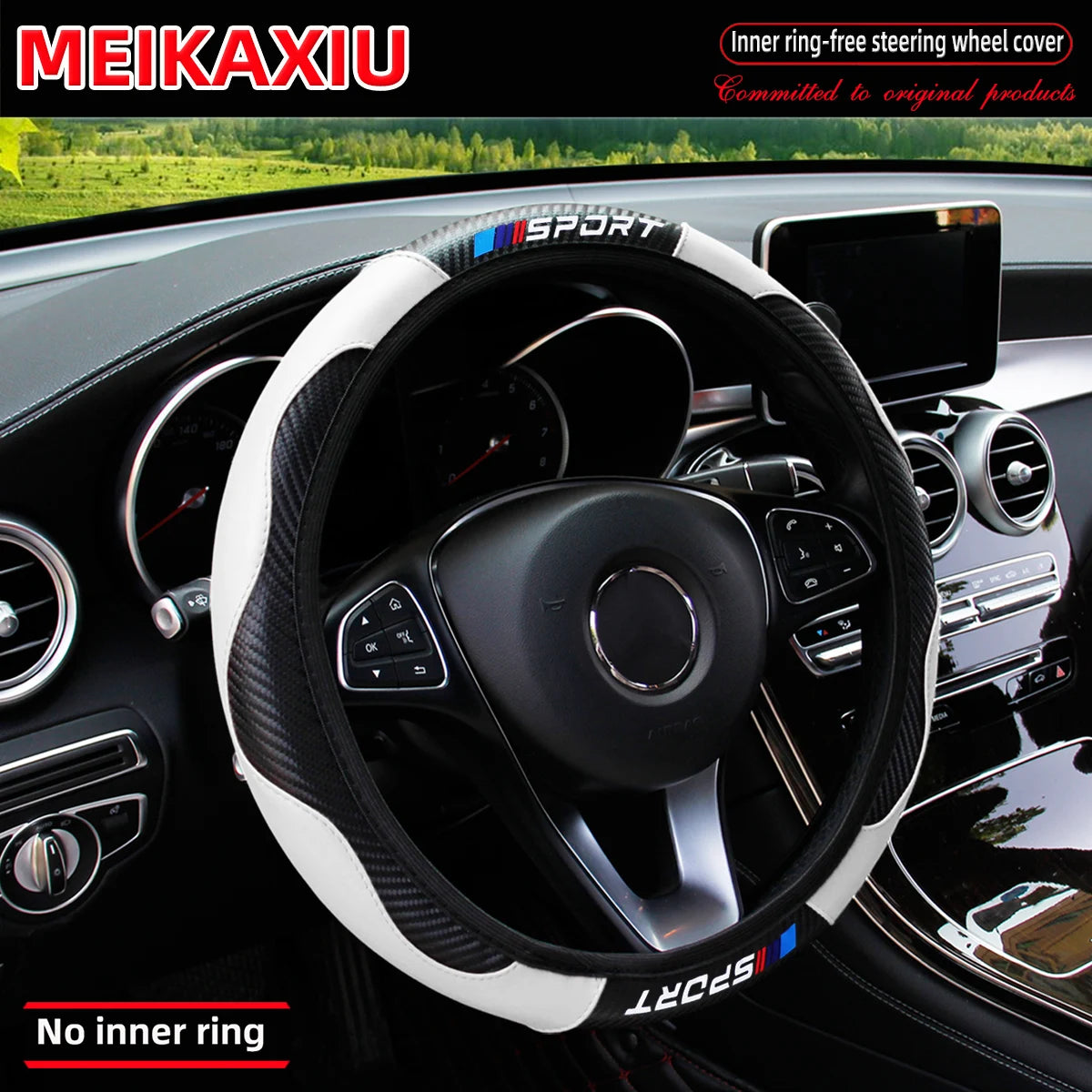Black steering wheel with white and blue accents and a carbon fiber cover installed in a car interior.