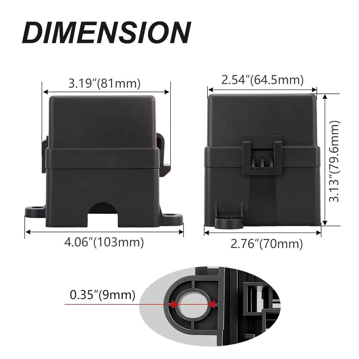 Dimension diagram showing the size and features of a waterproof relay and fuse box with an ATC/ATO blade holder.