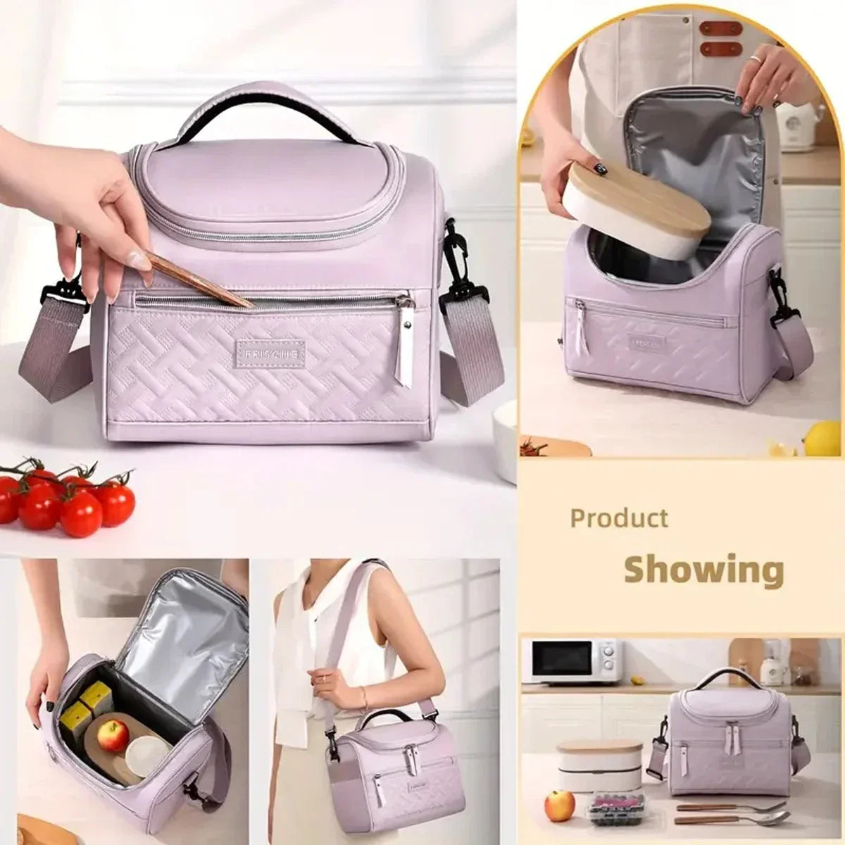Bolsa térmica rosa con correa acolchada de hombro, mostrada en varios ángulos y contextos.