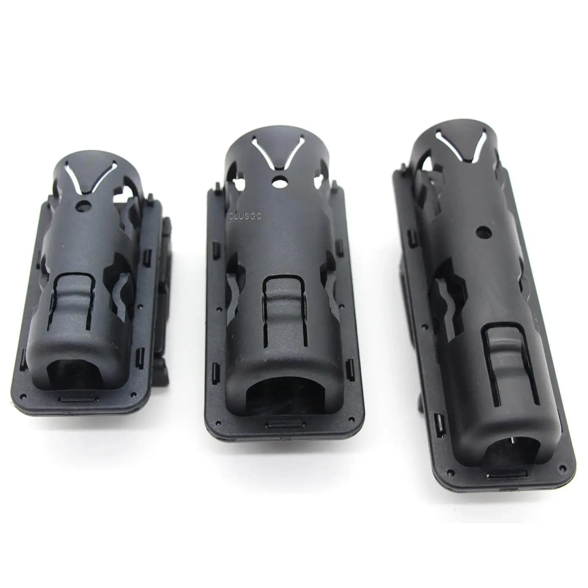 Black tactical duty belt holder designed for 360 degree rotation and secure storage.