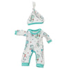 White dinosaur print jumpsuit outfit for a baby doll