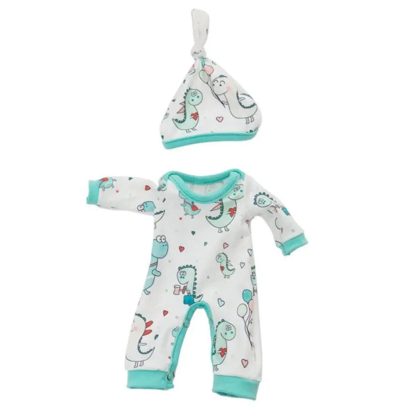 White dinosaur print jumpsuit outfit for a baby doll