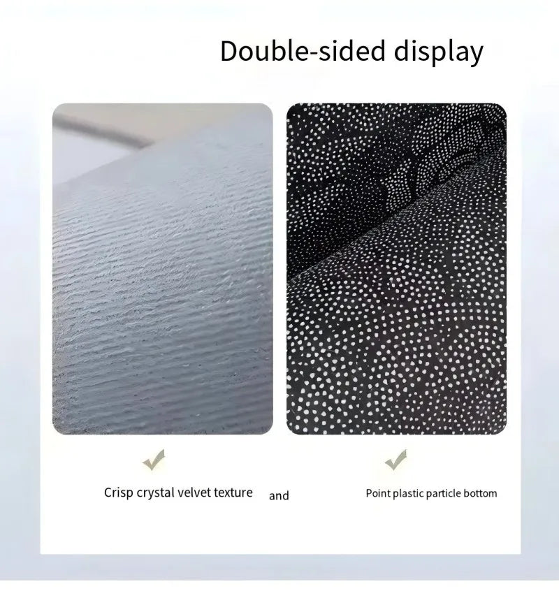 Double-sided display showing a crisp crystal velvet texture and a point plastic particle bottom.