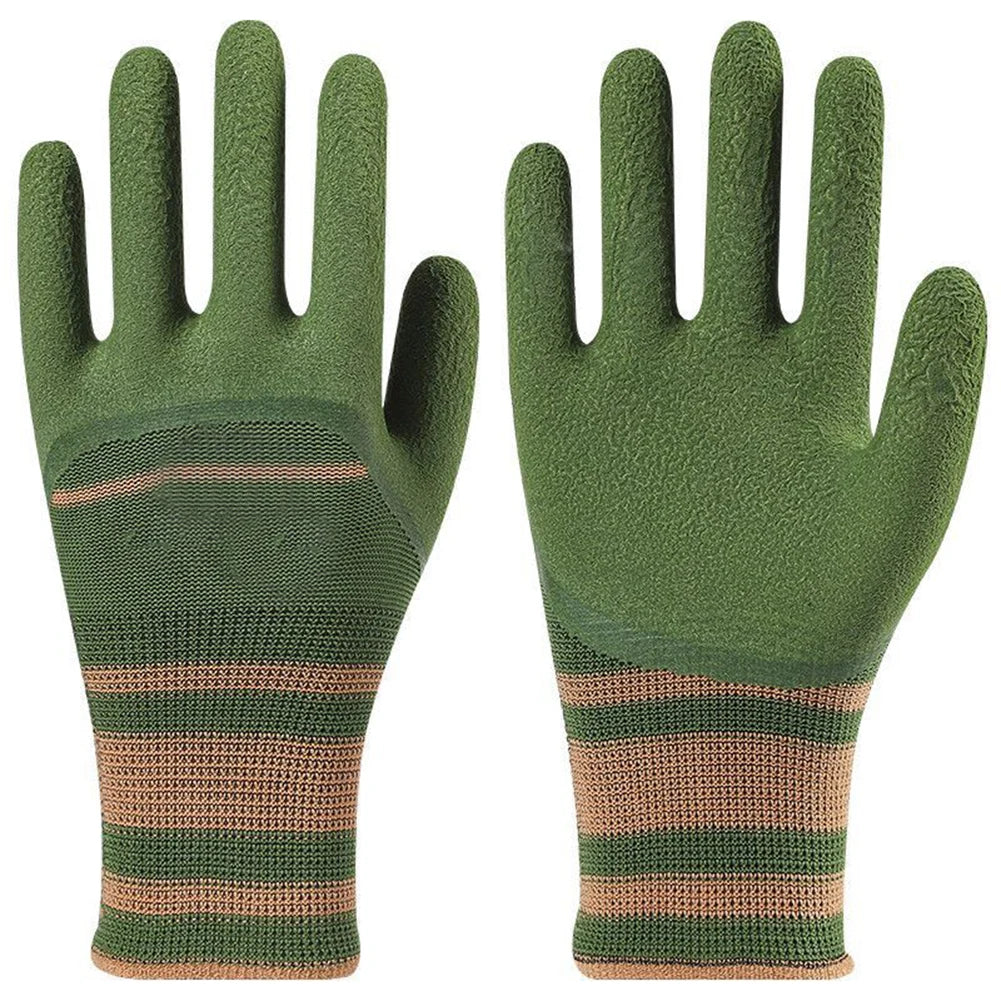 Pair of olive green gardening gloves with striped accents for anti-slip grip