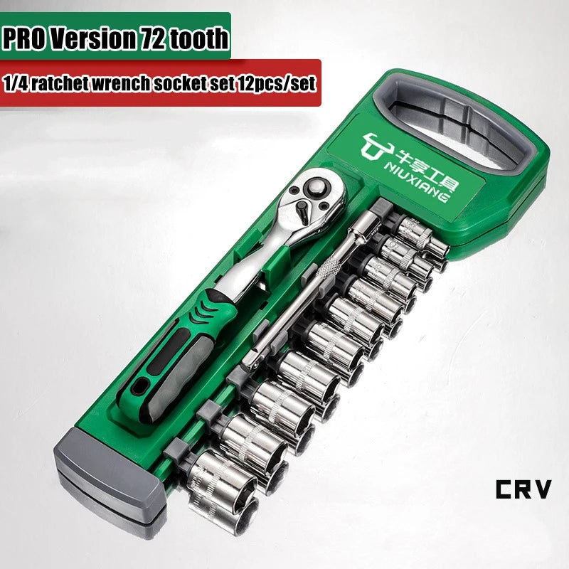 A green tool kit featuring a 1/4 ratchet wrench socket set with twelve metric and imperial sized sockets.