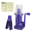 A purple portable hand-crank knitting tool for making bracelets and DIY crafts, shown with its components.