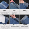 Six steps showing how to use double-sided iron-on adhesive tape for fabric hemming and repairs