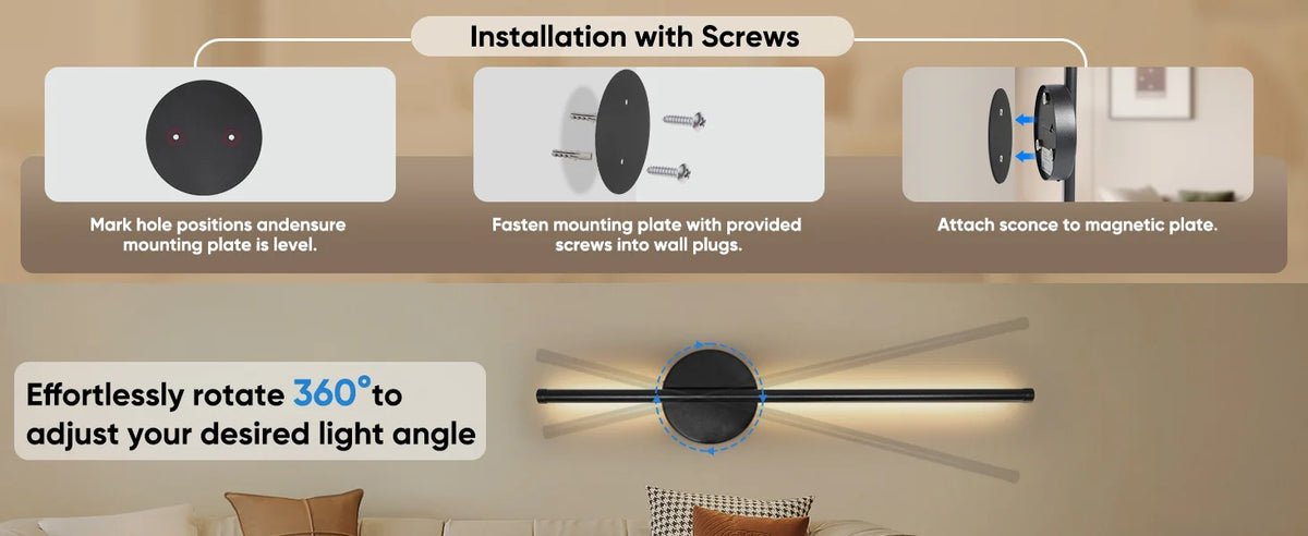 Installation guide showing how to attach a light fixture to a wall using screws and magnetic plates.