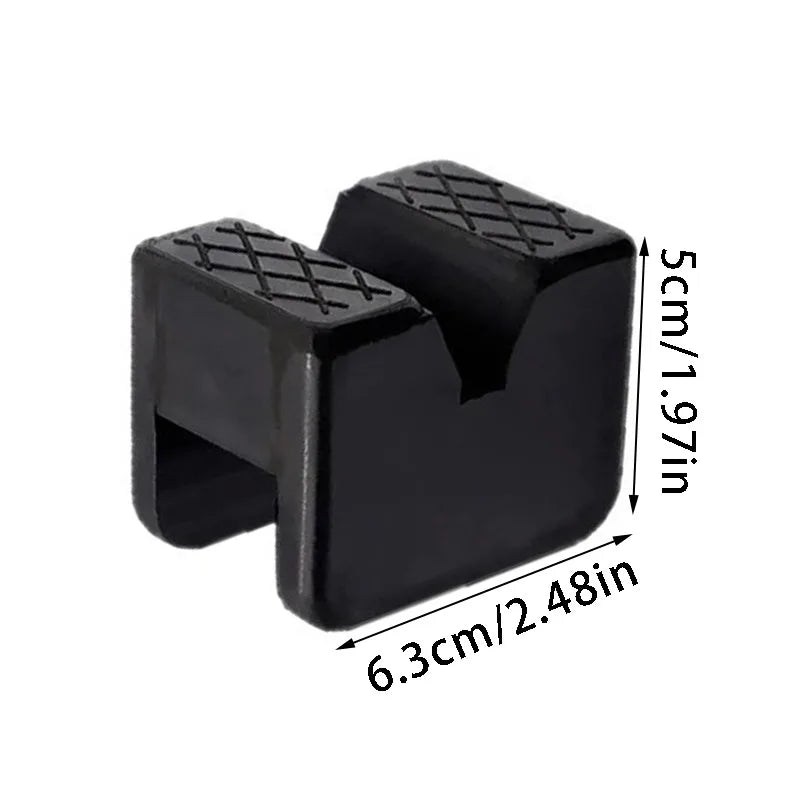 Black rubber car jack pad with a slotted frame rail adapter, showing dimensions of 5cm/1.97in and 6.3cm/2.48in.