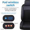 Close-up view of a black car seat cushion featuring wireless switch controls for massage, heating, and cooling functions